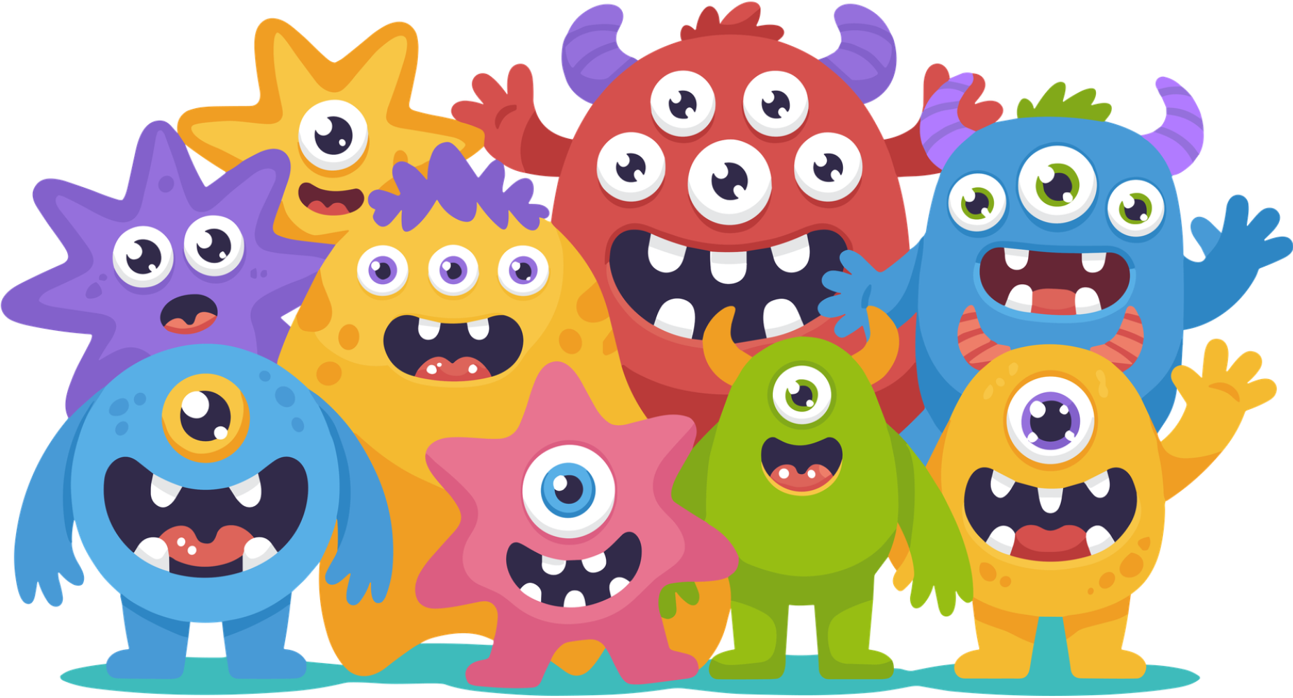 Group of colorful cartoon monsters with cheerful expressions on a transparent background — playful illustration for summer music camp theme.