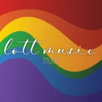 Lott Music Studio logo set against a vibrant rainbow background for the Queer-a-oke event.