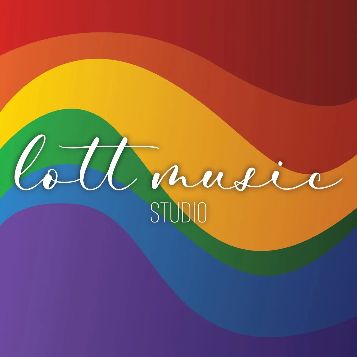 Lott Music Studio logo set against a vibrant rainbow background for the Queer-a-oke event.
